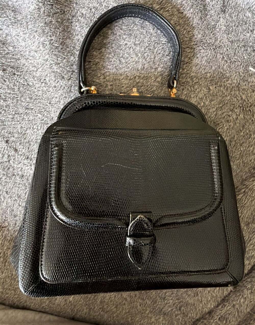 Vintage Made In Italy Black Lizard Print Top Handle Bag